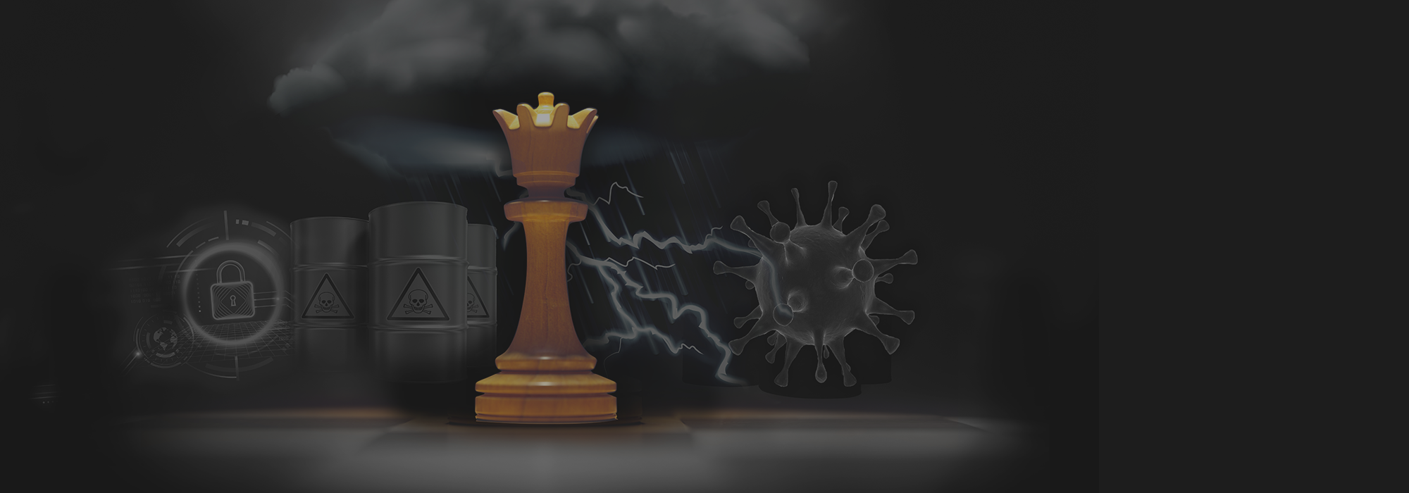 Chess piece with illustrations of various disasters in the background.